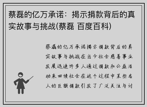 蔡磊的亿万承诺：揭示捐款背后的真实故事与挑战(蔡磊 百度百科)