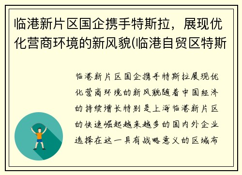 临港新片区国企携手特斯拉，展现优化营商环境的新风貌(临港自贸区特斯拉工厂)