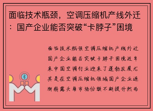 面临技术瓶颈，空调压缩机产线外迁：国产企业能否突破“卡脖子”困境？